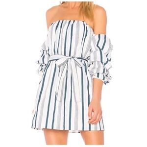 L'Academie Off The Shoulder Puff Sleeve Mini Dress in Blue and White Stripes XS